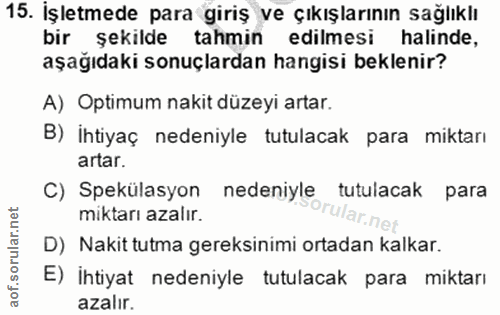 15. soru: İşletmede para giriş ve çıkışlarının sağlıklı bir şekilde tahmin edilmesi halinde, aşağıdaki sonuçlardan hangisi bekl…
