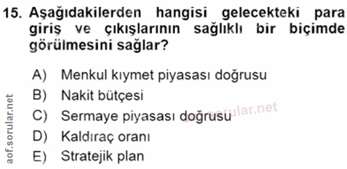 15. soru: Aşağıdakilerden hangisi gelecekteki para giriş ve çıkışlarının sağlıklı bir biçimde görülmesini sağlar? A) Menkul kıy…