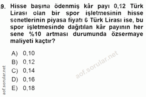 9. soru: Hisse başına ödenmiş kår payı 0,12 Türk Lirası olan bir spor işletmesinin hisse senetlerinin piyasa fiyatı 6 Türk Lir…