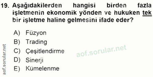 19. soru: Aşağıdakilerden hangisi birden fazla işletmenin ekonomik yönden ve hukuken tek bir işletme haline gelmesini ifade ede…
