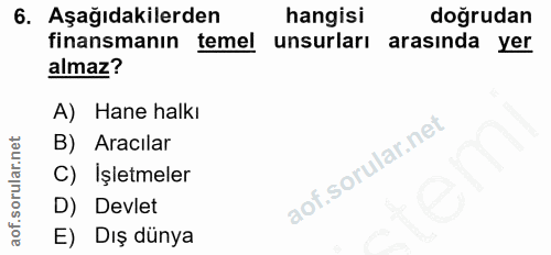 6. soru: Aşağıdakilerden hangisi doğrudan finansmanın temel unsurları arasında yer almaz? A) Hane halkı B) Aracılar C) Işletme…