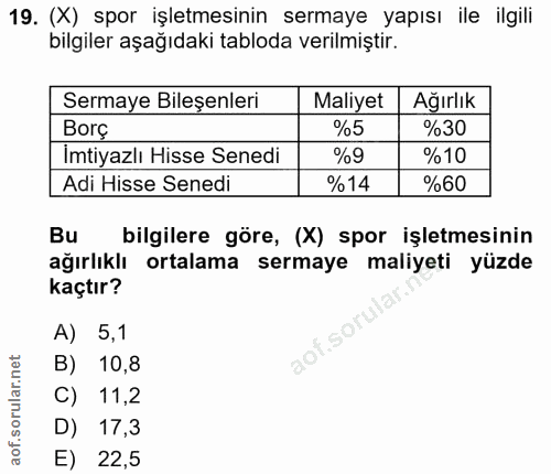 19. soru: (X) spor işletmesinin sermaye yapısı ile ilgili bilgiler aşağıdaki tabloda verilmiştir. Sermaye Bileşenleri Maliyet A…