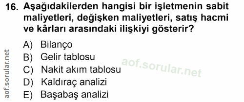 16. soru: Aşağıdakilerden hangisi bir işletmenin sabit maliyetleri, değişken maliyetleri, satış hacmi ve kârları arasındaki ili…