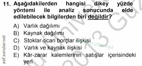 11. soru: Aşağıdakilerden hangisi dikey yüzde yöntemi ile analiz sonucunda elde edilebilecek bilgilerden biri değildir? A) Varl…