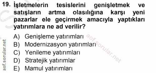 19. soru: İşletmelerin tesislerini genişletmek ve satışların artma olasılığına karşı yeni pazarlar ele geçirmek amacıyla yaptık…