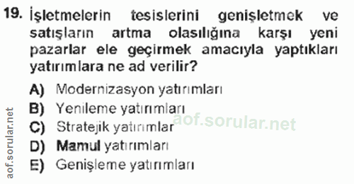19. soru: İşletmelerin tesislerini genişletmek ve satışların artma olasıliğına karşı yeni pazarlar ele geçirmek amacıyla yaptık…