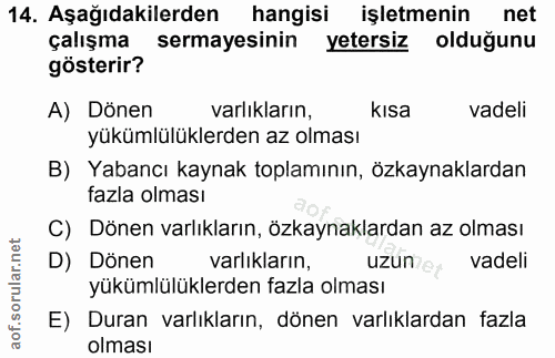 14. soru: Aşağıdakilerden hangisi işletmenin net çalışma sermayesinin yetersiz olduğunu gösterir? A) Dönen varlıkların, kısa va…