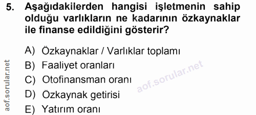 5. soru: Aşağıdakilerden hangisi işletmenin sahip olduğu varlıkların ne kadarının özkaynaklar ile finanse edildiğini gösterir?…
