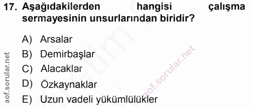 17. soru: Aşağıdakilerden hangisi çalışma sermayesinin unsurlarından biridir? A) Arsalar B) Demirbaşlar C) Alacaklar D) Ozkayna…