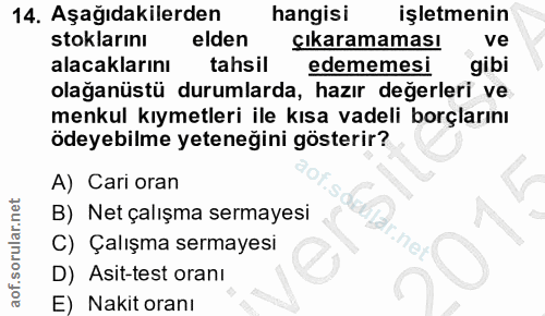 14. soru: Aşağıdakilerden hangisi işletmenin stoklarını elden çıkaramaması, ve alacaklarını tahsil edememesi gibi olağanüstü du…