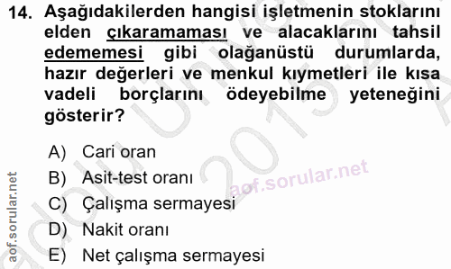 14. soru: Aşağıdakilerden hangisi işletmenin stoklarını elden çıkaramaması ve alacaklarını tahsil edememesi gibi olağanüstü dur…