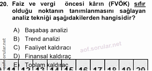 20. soru: Faiz ve vergi öncesi kârın (FVÖK) sıfır olduğu noktanın tanımlanmasını sağlayan analiz tekniği aşağıdakilerden hangis…