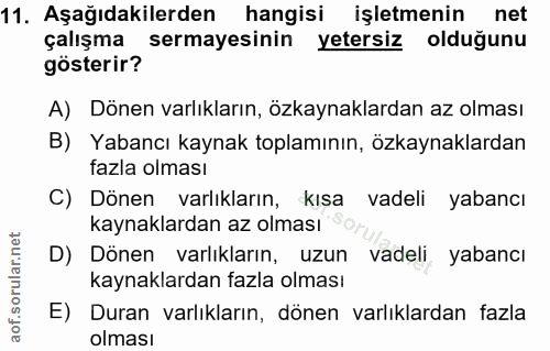 11. soru: Aşağıdakilerden hangisi işletmenin net çalışma sermayesinin yetersiz olduğunu gösterir? A) Dönen varlıkların, özkayna…