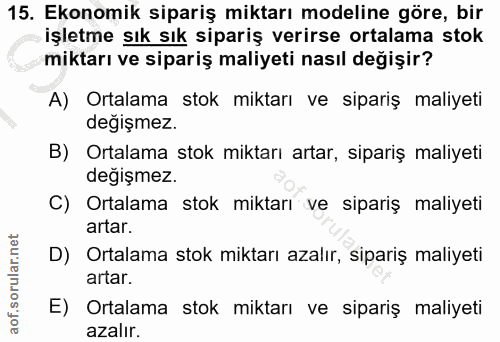 15. soru: Ekonomik sipariş miktarı modeline göre, bir işletme sık sık sipariş verirse ortalama stok miktarı ve sipariş maliyeti…
