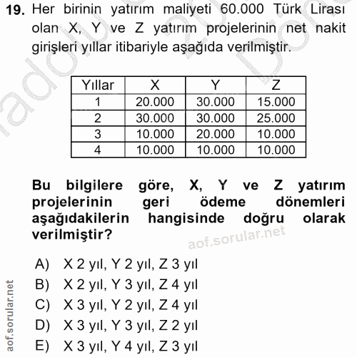 19. soru: Her birinin yatırım maliyeti 60.000 Türk Lirası olan X, Y ve Z yatırım projelerinin net nakit girişleri yıllar itibar…