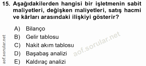 15. soru: Aşağıdakilerden hangisi bir işletmenin sabit maliyetleri, değişken maliyetleri, satış hacmi ve kârları arasındaki ili…