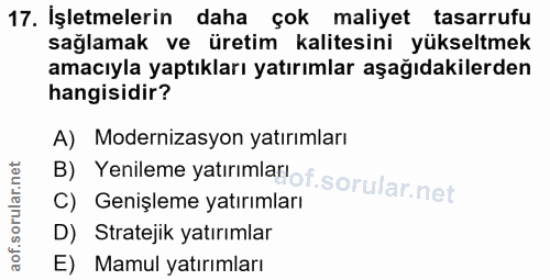 17. soru: İşletmelerin daha çok maliyet tasarrufu sağlamak ve üretim kalitesini yükseltmek amacıyla yaptıkları yatırımlar aşağı…