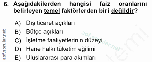 6. soru: Aşağıdakilerden hangisi faiz oranlarını belirleyen temel faktörlerden biri değildir? A) Dış ticaret açıkları B) Bütçe…