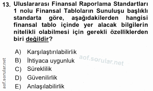 13. soru: Uluslararası Finansal Raporlama Standartları 1 nolu Finansal Tabloların Sunuluşu başlıklı standarta göre, aşağıdakile…