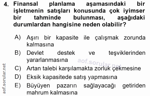 4. soru: Finansal planlama aşamasındaki bir işletmenin satışları konusunda çok iyimser bir tahminde bulunması, aşağıdaki durum…