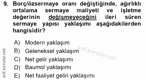 9. soru: Borç/özsermaye oranı değiştiğinde, ağırlıklı ortalama sermaye maliyeti ve işletme değerinin değişmeyeceğini ileri sür…