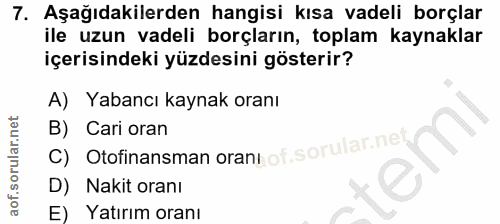 7. soru: Aşağıdakilerden hangisi kısa vadeli borçlar ile uzun vadeli borçların, toplam kaynaklar içerisindeki yüzdesini göster…