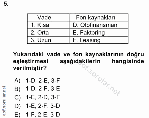 5. soru: Vade Fon kaynakları 1. Kısa D. Otofinansman 2. Orta E. Faktoring 3. Uzun F. Leasing Yukarıdaki vade ve fon kaynakları…