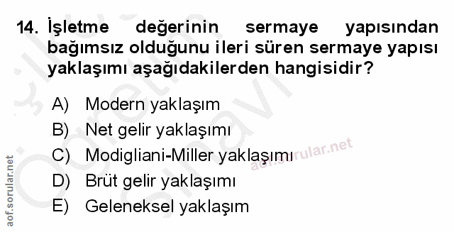 14. soru: İşletme degerinin sermaye yapısından bağımsız olduğunu ileri süren sermaye yapısı yaklaşımı aşağıdakilerden hangisidi…