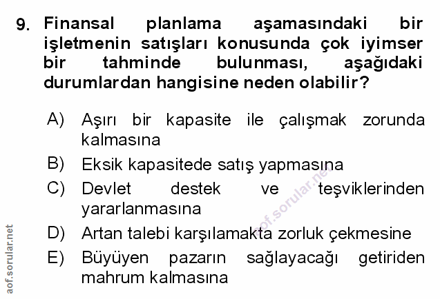 9. soru: Finansal planlama aşamasındaki bir işletmenin satışları konusunda çok iyimser bir tahminde bulunması, aşağıdaki durum…