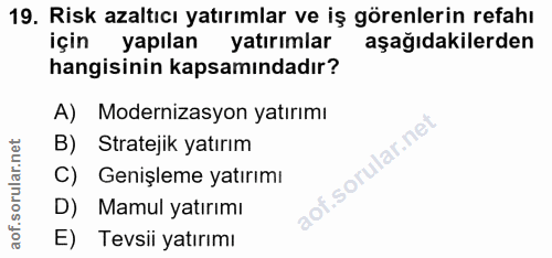 19. soru: Risk azaltıcı yatırımlar ve iş görenlerin refahı için yapılan yatırımlar aşağıdakilerden hangisinin kapsamındadır? A)…