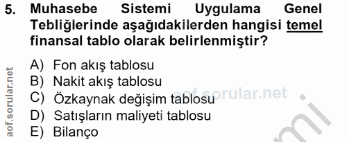 5. soru: Muhasebe Sistemi Uygulama Genel Tebliğlerinde aşağıdakilerden hangisi temel finansal tablo olarak belirlenmiştir? A)…