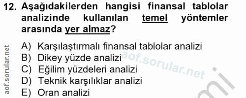 12. soru: Aşağıdakilerden hangisi finansal tablolar analizinde kullanılan temel yöntemler arasında yer almaz? A) Karşılaştırmal…