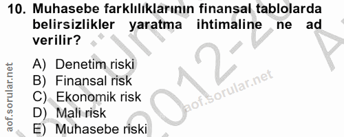 10. soru: Muhasebe farklılıklarının finansal tablolarda belirsizlikler yaratma ihtimaline ne ad verilir? A) Denetim riski B) Fi…