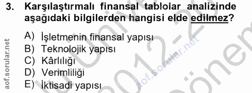 3. soru: Karşılaştırmalı finansal tablolar analizinde aşağıdaki bilgilerden hangisi elde edilmez? A) İşletmenin finansal yapıs…