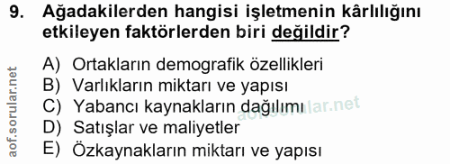 9. soru: Ağadakilerden hangisi işletmenin kârlılığını etkileyen faktörlerden biri değildir? A) Ortakların demografik özellikle…