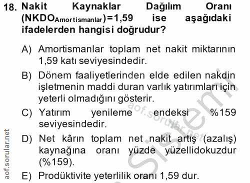 18. soru: Nakit Kaynaklar Dağılım Oranı (NKDOAmortismanlar) =1,59 ise aşağıdaki ifadelerden hangisi doğrudur? A) Amortismanlar…