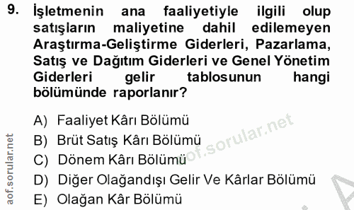 9. soru: Işletmenin ana faaliyetiyle ilgili olup satışların maliyetine dahil edilemeyen Araştırma-Geliştirme Giderleri, Pazarl…