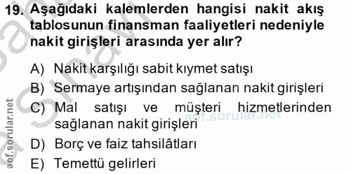 19. soru: Aşağıdaki kalemlerden hangisi nakit akış tablosunun finansman faaliyetleri nedeniyle nakit girişleri arasında yer alı…