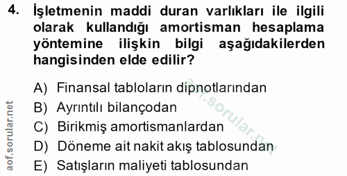 4. soru: İşletmenin maddi duran varlıkları ile ilgili olarak kullandığı amortisman hesaplama yöntemine ilişkin bilgi aşağıdaki…