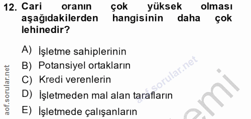 12. soru: Cari oranın çok yüksek olması aşağıdakilerden hangisinin daha çok lehinedir? A) İşletme sahiplerinin B) Potansiyel or…