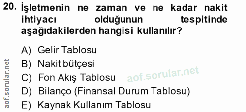 20. soru: İşletmenin ne zaman ve ne kadar nakit ihtiyacı oldugunun tespitinde aşağıdakilerden hangisi kullanılır? A) Gelir Tabl…