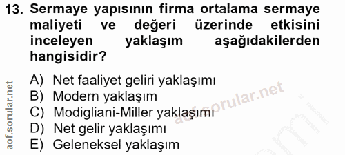 13. soru: Sermaye yapısının firma ortalama sermaye maliyeti ve değeri üzerinde etkisini inceleyen yaklaşım aşağıdakilerden hang…