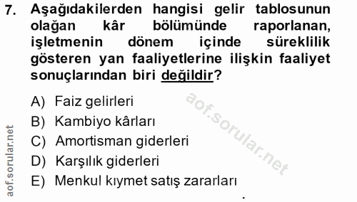 7. soru: Aşağıdakilerden hangisi gelir tablosunun olagan Kâr bölümünde raporlanan, işletmenin dönem içinde süreklilik gösteren…