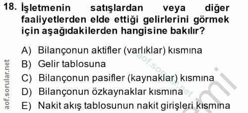 18. soru: İşletmenin satışlardan veya diger faaliyetlerden elde ettiği gelirlerini görmek için aşağıdakilerden hangisine bakılı…