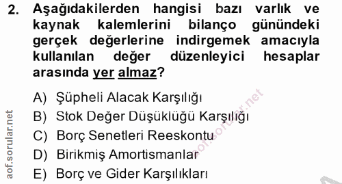 2. soru: Aşağıdakilerden hangisi bazı varlık ve kaynak kalemlerini bilanço günündeki gerçek değerlerine indirgemek amacıyla ku…