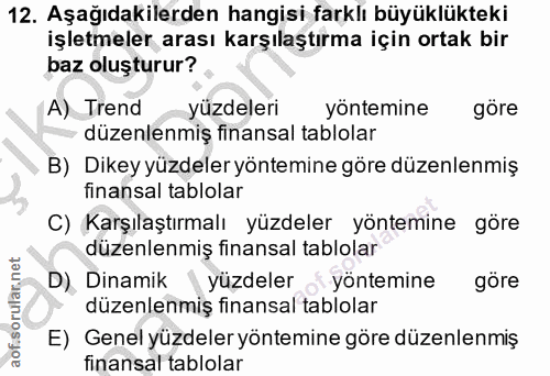 12. soru: Aşağıdakilerden hangisi farklı büyüklükteki işletmeler arası karşılaştırma için ortak bir baz oluşturur? A) Trend yüz…