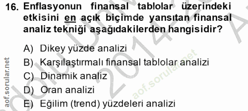 16. soru: Enflasyonun finansal tablolar üzerindeki etkisini en açık biçimde yansıtan finansal analiz tekniği aşağıdakilerden ha…