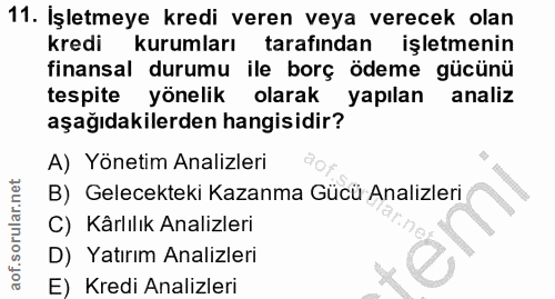 11. soru: İşletmeye kredi veren veya verecek olan kredi kurumları tarafından işletmenin finansal durumu ile borç ödeme gücünü t…