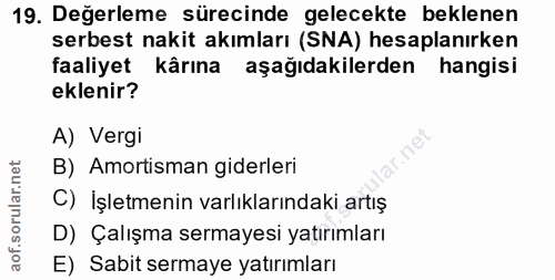 19. soru: Değerleme sürecinde gelecekte beklenen serbest nakit akımları (SNA) hesaplanırken faaliyet kârına aşağıdakilerden han…