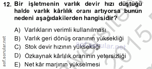 12. soru: Bir işletmenin varlık devir hızı düştüğü halde varlık kârlılık oranı artıyorsa bunun nedeni aşağıdakilerden hangisidi…